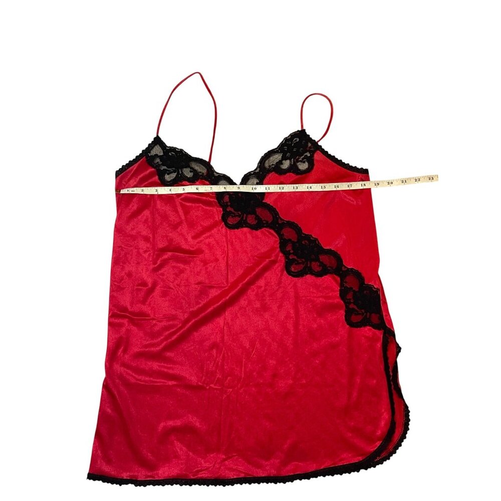 Vintage Red & Black Lace Trim Satin Chemise Nightgown Size Large - Picture 7 of 14